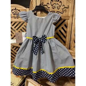 Rare Edition Navy White Striped Dress Polka Dot Hem Yellow Trim